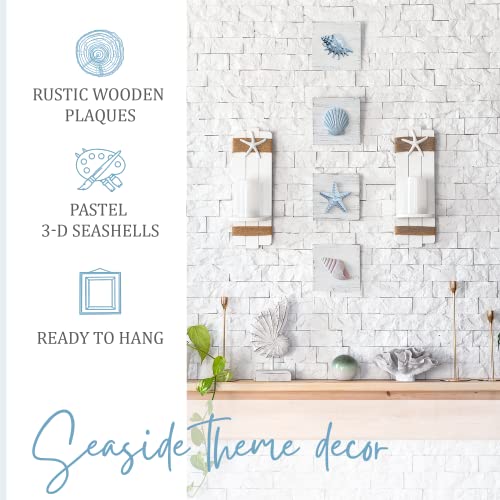 TideAndTales Beach Decor Seashell Wall Art - (Set of 4) Textured 3D Shells and Starfish Decorations for Home or Beach House, Rustic Ocean Theme Coastal Bedroom or Bathroom Wall Decor 6" x 6"