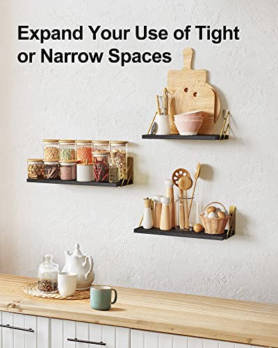 BAYKA Wall Shelves for Bedroom Decor, Floating Wall Shelves for Living Room Kitchen Storage, Wall Mounted Rustic Wood Floating Shelves for Kids Books, Small Shelf for Bathroom(Black and gold，Set of 3)