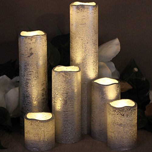 LED Lytes Flameless Timer LED Candles Slim Set of 6, 2" (inches) Wide and 2"- 9" Tall, Silver Coated Wax and Flickering Warm White Flame for Christmas Decor, Wedding Decorations and Gifts for Mom