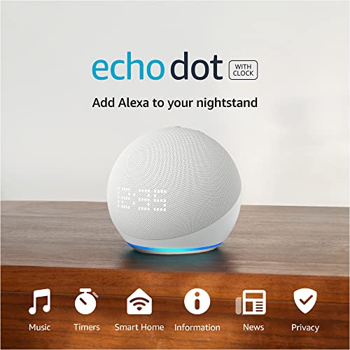 Glacier White Echo Dot with Built-In Clock - Smart Speaker featuring Alexa