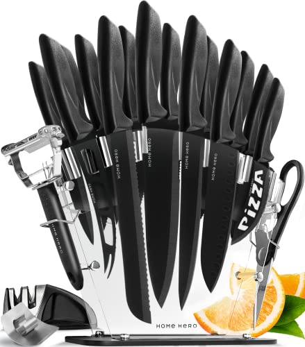 Home Hero Kitchen Knife Set, Steak Knife Set & Kitchen Utility Knives - Ultra-Sharp High Carbon Stainless Steel Knives with Ergonomic Handles (20 Pc Set, Black)