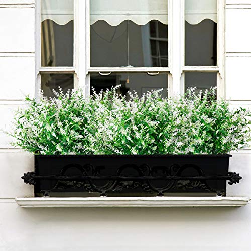 JEMONG 8 Bundles Artificial Lavender Flowers Outdoor UV Resistant Fake Flowers No Fade Faux Plastic Plants Garden Porch Window Box Decorating (White)