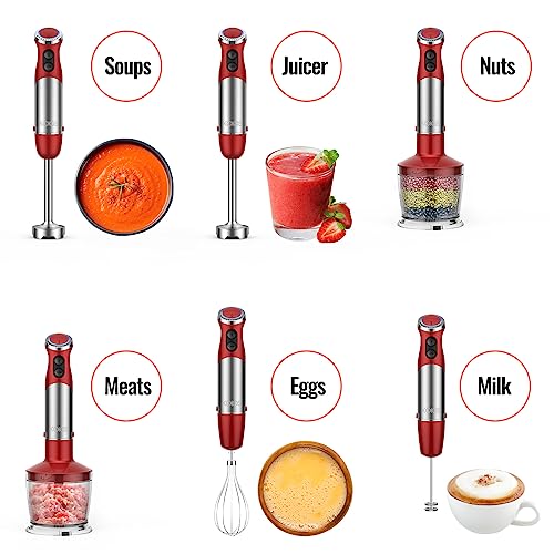 KOIOS 5-in-1 Hand Immersion Blender, Upgraded 1000W 12 Speed with Turbo Mode Handheld Blender, Copper Motor Stainless Steel Blade Stick Blender,600ml Mixing Beaker,500ml Food Processor, Whisk, Milk Frother, BPA-Free, Red