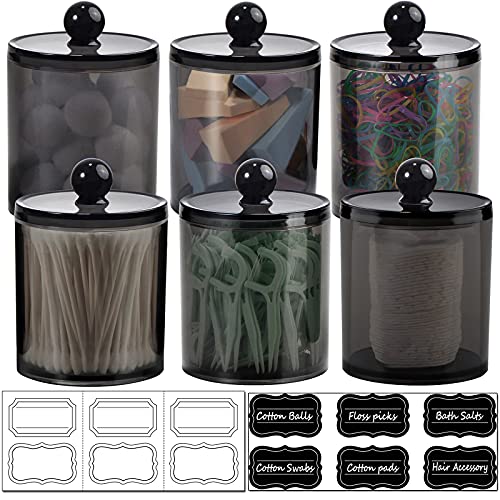 6 Pack of 12 Oz. Qtip Dispenser Apothecary Jars Bathroom with Labels - Qtip Holder Storage Canister Clear Plastic Acrylic Jar for Cotton Ball,Cotton Swab,Cotton Rounds,Floss Picks, Hair Clips (Black)