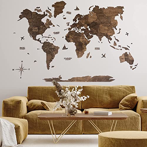 ENJOY THE WOOD 3D Wood World Map Wall Art Large Wood Wall Décor Housewarming Gift Idea Wood Wall Art World Travel Map For Home & Kitchen or Office (Medium, Dark Walnut)