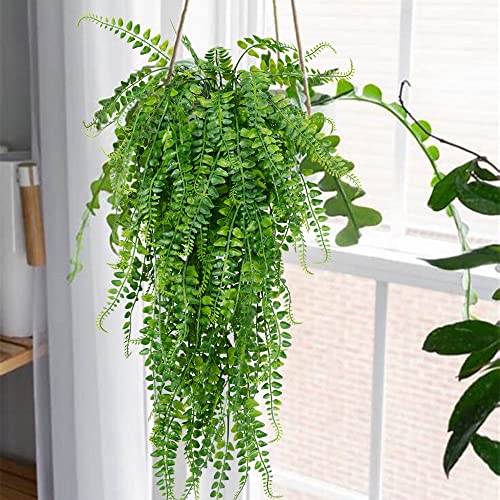 SzJias Artificial Hanging Plants Ferns Faux Fake Plants for Patio Porch Outdoor Decor (2 Pcs)