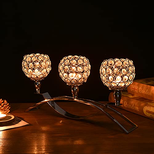 VINCIGANT Gold Crystal Candle Holders,3-Candle Candelabras for Wedding Party Dinning Room Table CenterpieceDecorations(Gift Boxed