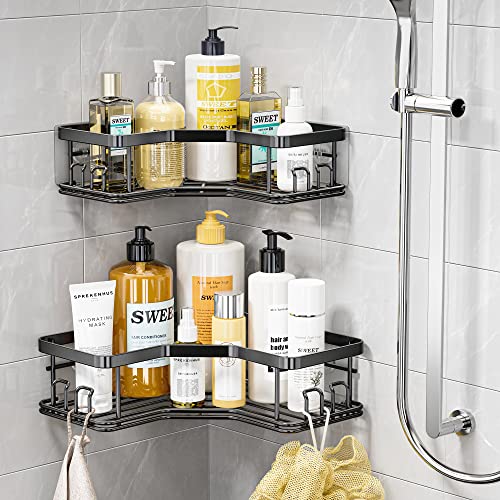 MAXIFFE Corner Shower Caddy, Adhesive Stainless Steel Shower Organizer Shower Caddy, Corner Shower Shelf with 8 hooks, Shower Shelves Storage Shower Shelf for Inside Shower, Black