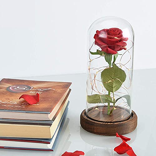 Enchanted Red Silk Rose in Glass Dome with LED Lights - SW Preserved Rose, Perfect Romantic Gift for Mother's Day, Anniversary, Birthday, Valentine's Day, or Wedding Décor