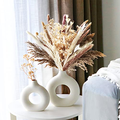 White Ceramic Vase, Modern Vase for Minimalist Decor, Hollow Round Matte Pampas Flower Vases for Boho Home Wedding Party Room Dinner Table Shelf Decor (2pcs)