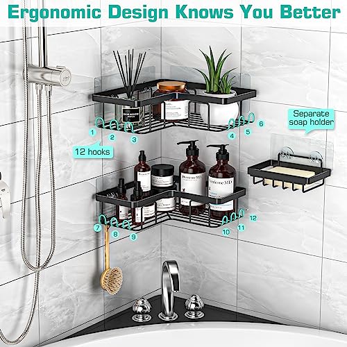 YASONIC Corner Shower Caddy, 3-Pack Adhesive Shower Caddy with Soap Holder and 12 Hooks, Rustproof Stainless Steel Bathroom Shower Organizer, No Drilling Wall Mounted Shower Rack, for Bathroom, Black