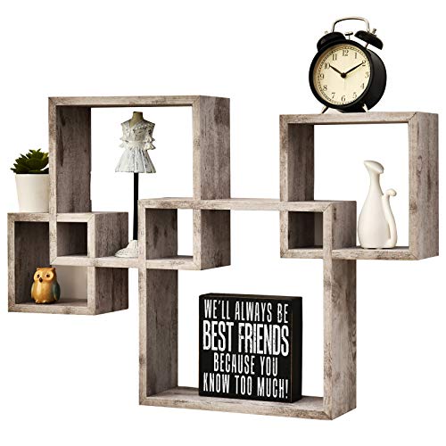 Greenco 4 Cube Intersecting Shelves, Easy-to-Assemble Floating Wall Mount Shelves for Bedrooms and Living Rooms, Rustic White Finish