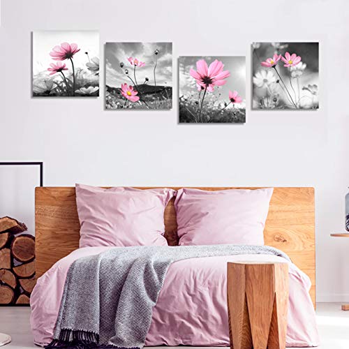 Yang Hong Yu Pink Flower Wall Art for Women Girls Bedroom Peacock Flower Abstract Canvas Painting Artistic Black and White Prints Picture Decor for Living Room 14x14 Pink Grey