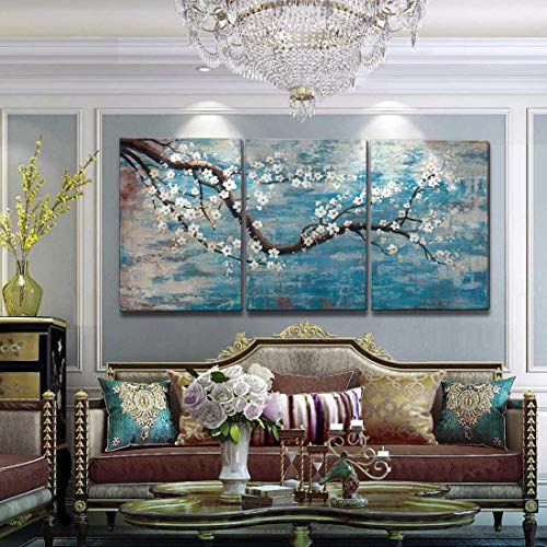 Extra Large Wall Art for Living Room 100% Hand-Painted Framed Decorative Floral Oil Painting Set Decorative Modern Blue Tree Artwork Ready to Hang 72"x36"