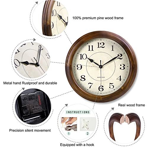 Kesin Wall Clock Wood 14 Inch Silent Wall Clock Large Decorative Battery Operated Non Ticking Analog Retro Clock for Living Room, Kitchen, Bedroom