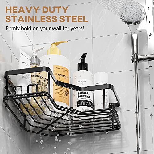 MAXIFFE Corner Shower Caddy, Adhesive Stainless Steel Shower Organizer Shower Caddy, Corner Shower Shelf with 8 hooks, Shower Shelves Storage Shower Shelf for Inside Shower, Black