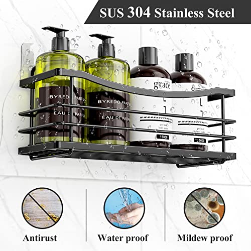 ODesign Adhesive Shower Caddy Basket Shelf with 4 Hooks for Shampoo Conditioner Razor Soap Dish Holder Kitchen Bathroom Organizer No Drilling Wall Mounted Stainless Steel Rustproof 3 Pack - Black