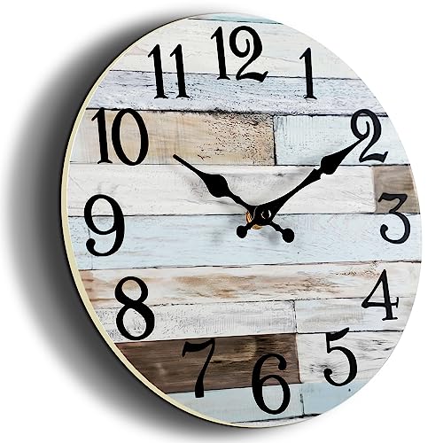 Rustic Wooden Wall Clock - 10 Inch, Silent Non-Ticking, Battery Operated - Vintage Country Style Decor for Living Room, Kitchen, Home, Bathroom, Bedroom, Laundry Room by KECYET