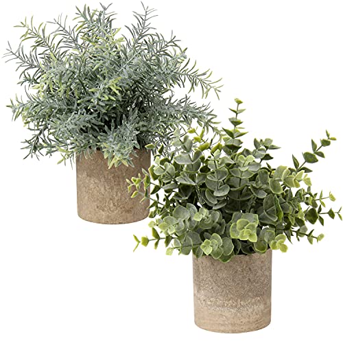 Briful Artificial Potted Plants Set of 2 Small Faux Plant Eucalyptus Mini Fake Plant Decor for Home Table Office Room Desk Bathroom Shelf Kitchen Rustic