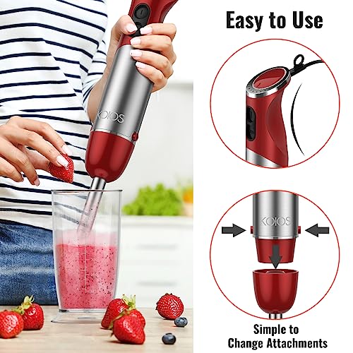 KOIOS 5-in-1 Hand Immersion Blender, Upgraded 1000W 12 Speed with Turbo Mode Handheld Blender, Copper Motor Stainless Steel Blade Stick Blender,600ml Mixing Beaker,500ml Food Processor, Whisk, Milk Frother, BPA-Free, Red