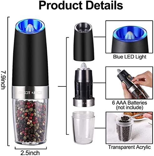 Gravity Electric Pepper and Salt Grinder Set, Adjustable Coarseness, Battery Powered with LED Light, One Hand Automatic Operation, Stainless Steel Black, 2 Pack