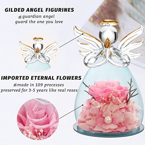 ANLUNOB Preserved Rose Birthday Gifts for Women Mom Grandma Wife, Glass Angel Figurines Gifts with Pretty Pink Flowers for Anniversary Wedding