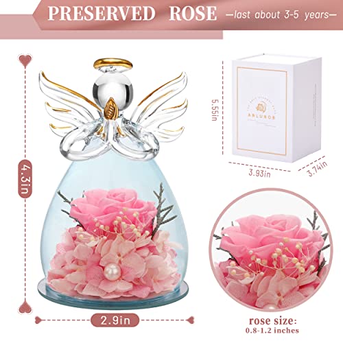 ANLUNOB Preserved Rose Birthday Gifts for Women Mom Grandma Wife, Glass Angel Figurines Gifts with Pretty Pink Flowers for Anniversary Wedding