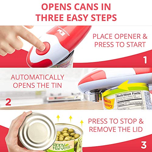 Kitchen Mama Auto Electric Can Opener: Open Your Cans with A Simple Push of Button - Automatic, Hands Free, Smooth Edge, Food-Safe, Battery Operated, YES YOU CAN (Red)