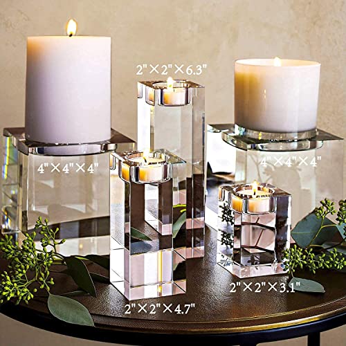 Le Sens Amazing Home Large Crystal Candle Holders Set of 3, 3.1/4.7/6.2 inches Height, Heavy Solid Square Tealight Holders Set Centerpieces for Home Decoration, Wedding