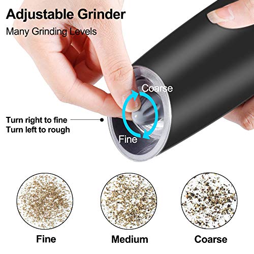 Gravity Electric Pepper and Salt Grinder Set, Adjustable Coarseness, Battery Powered with LED Light, One Hand Automatic Operation, Stainless Steel Black, 2 Pack