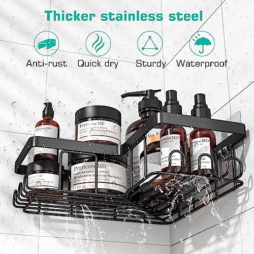 YASONIC Corner Shower Caddy, 3-Pack Adhesive Shower Caddy with Soap Holder and 12 Hooks, Rustproof Stainless Steel Bathroom Shower Organizer, No Drilling Wall Mounted Shower Rack, for Bathroom, Black