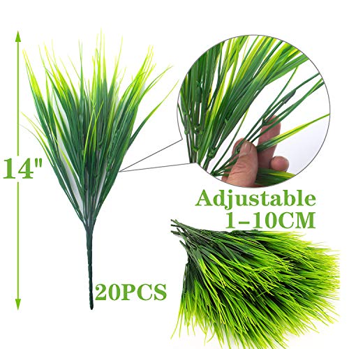 Grunyia 20 Bundles Artificial Outdoor Plants, Fake Wheat Grass Greenery Shrubs UV Resistant Faux Plastic Plants Garden Porch Window Box Décor (Grass)