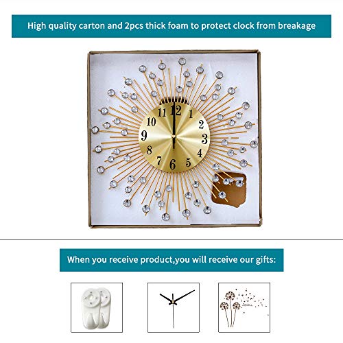 YIJIDECOR Large Wall Clocks for Living Room Decor Modern Gold Silent Wall Clock Battery Operated Non-Ticking for Bedroom Kitchen Home Decorative 14 Inch Round Metal Crystal Wall Watch Clock for Office