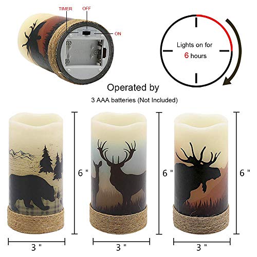 GenSwin Flameless Flickering Led Candles with Hemp Rope and 6H Timer, Battery Operated Set of 3 Real Wax Pillar Rustic Candles Warm Light with Deer, Moose, Bear Decals Decor Christmas Home(D3 x H6)