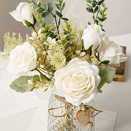 YJ Fake Flowers with Vase, Silk Roses Artificial Flowers in Vase, Faux Flower Arrangement with Vase Suitable for Home Office Decoration, Dining Table Centerpiece(White)