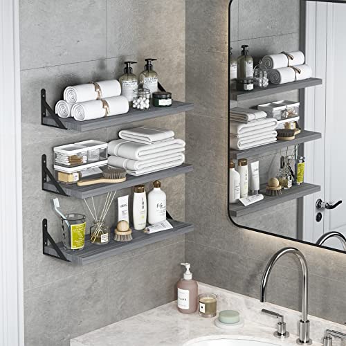 YGEOMER Floating Shelves, Set of 4, Gray Wood Wall Mounted Shelf for Living Room, Bathroom, Bedroom and Plants