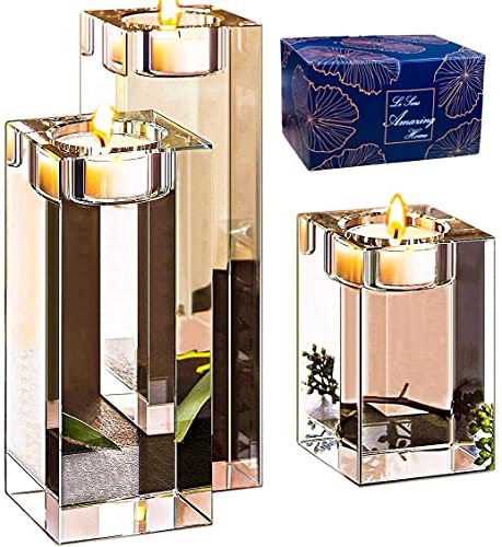 Le Sens Amazing Home Large Crystal Candle Holders Set of 3, 3.1/4.7/6.2 inches Height, Heavy Solid Square Tealight Holders Set Centerpieces for Home Decoration, Wedding