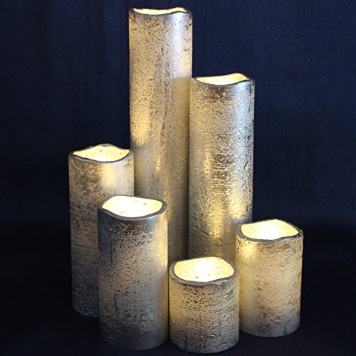 LED Lytes Flameless Timer LED Candles Slim Set of 6, 2" (inches) Wide and 2"- 9" Tall, Silver Coated Wax and Flickering Warm White Flame for Christmas Decor, Wedding Decorations and Gifts for Mom