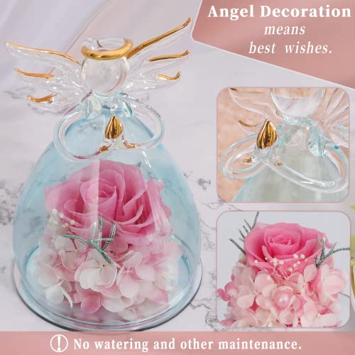 ANLUNOB Preserved Rose Birthday Gifts for Women Mom Grandma Wife, Glass Angel Figurines Gifts with Pretty Pink Flowers for Anniversary Wedding