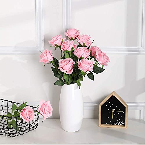 Laelfe 12 PCS Artificial Flowers Pink Roses Silk Flowers Fake Long Stem Artificial Roses for Home Kitchen Wendding Decorations (Pink)