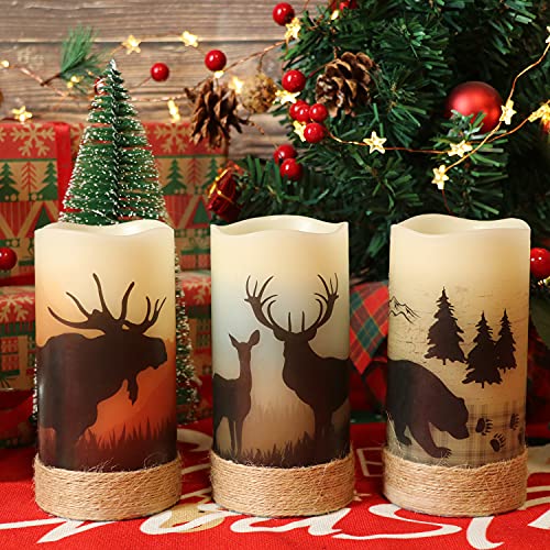 GenSwin Flameless Flickering Led Candles with Hemp Rope and 6H Timer, Battery Operated Set of 3 Real Wax Pillar Rustic Candles Warm Light with Deer, Moose, Bear Decals Decor Christmas Home(D3 x H6)