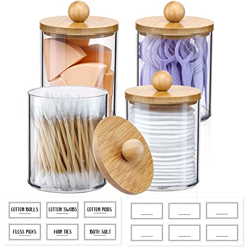 VITEVER 4 Pack Qtip Holder Dispenser with Bamboo Lids - 10 oz Clear Plastic Apothecary Jar Containers for Vanity Makeup Organizer Storage - Bathroom Accessories Set for Cotton Swab, Ball, Pads, Floss