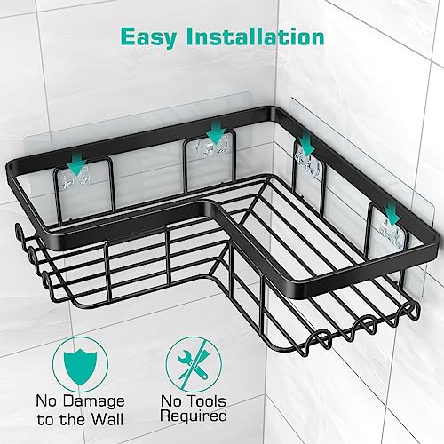 YASONIC Corner Shower Caddy, 3-Pack Adhesive Shower Caddy with Soap Holder and 12 Hooks, Rustproof Stainless Steel Bathroom Shower Organizer, No Drilling Wall Mounted Shower Rack, for Bathroom, Black