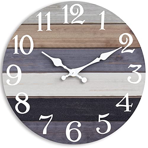 Rustic Wooden Wall Clock - 10 Inch Silent Non-Ticking Battery Operated Clock for Kitchen, Bathroom, Living Room, Bedroom, Office - Country Retro Style