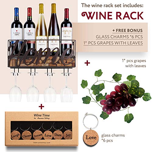 Anna Stay Wine Rack Wall Mounted - Decorative Wine Rack with Wine Glass Holder, Wall Mounted Wine Rack inc Cork Storage & Wine Charms, Wine Gifts with Wine Bottle Holder for Wine Decor