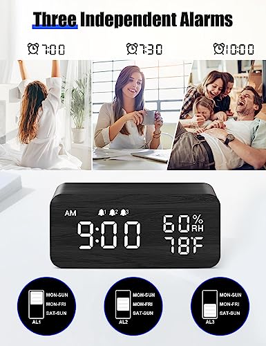 Experience Smart Simplicity with JALL Wooden Digital Alarm Clock - Wireless Charging, Dimmable Display, Adjustable Volume, 3 Alarms, Weekday/Weekend Mode, Snooze - Perfect for Bedroom, Bedside, and Office Use (Black)