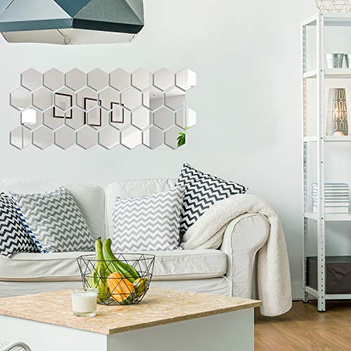 32 Pieces Hexagon Mirror Wall Stickers Removable Acrylic Mirror Setting Hexagon Wall Sticker Decal for Home Room Living Bedroom Decor (10 x 8.6 x 5 cm)