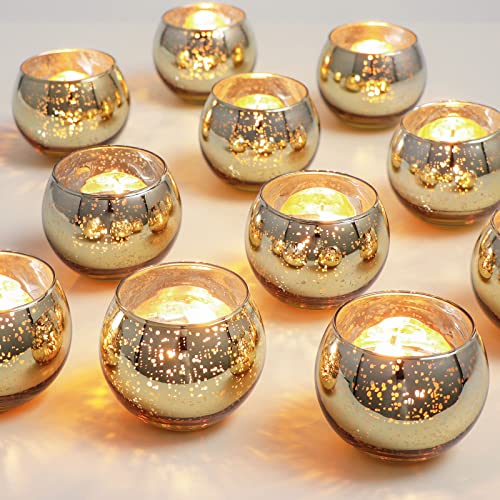 Letine Gold Votive Candle Holders Set of 32 - Round Speckled Mercury Gold Glass Candle Holder Bulk - Ideal for Wedding Centerpieces & Home Decor