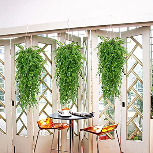 SzJias Artificial Hanging Plants Ferns Faux Fake Plants for Patio Porch Outdoor Decor (2 Pcs)