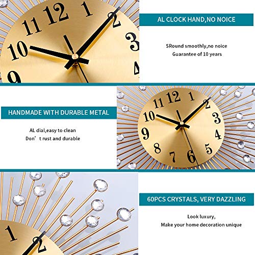 YIJIDECOR Large Wall Clocks for Living Room Decor Modern Gold Silent Wall Clock Battery Operated Non-Ticking for Bedroom Kitchen Home Decorative 14 Inch Round Metal Crystal Wall Watch Clock for Office